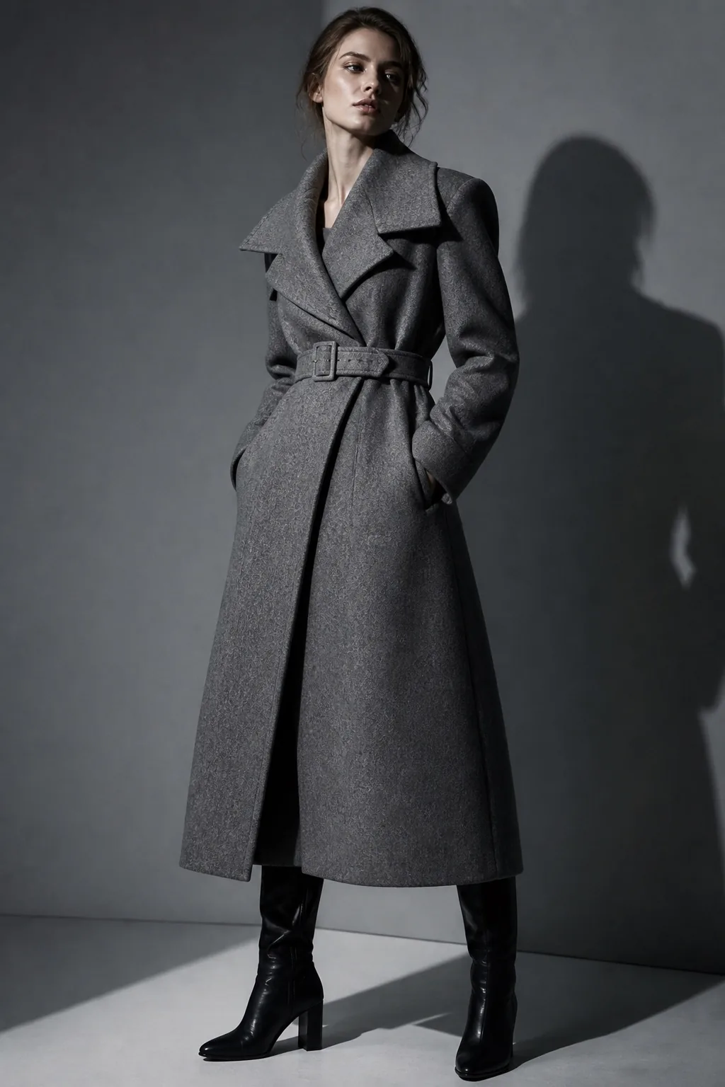 Editoriale moda con cappotto grigio in studio