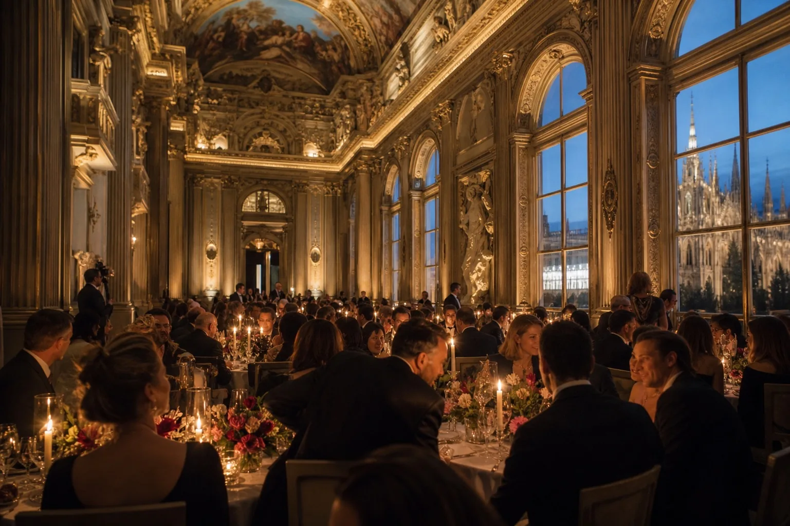 Cena di gala in un palazzo storico milanese con soffitto affrescato
