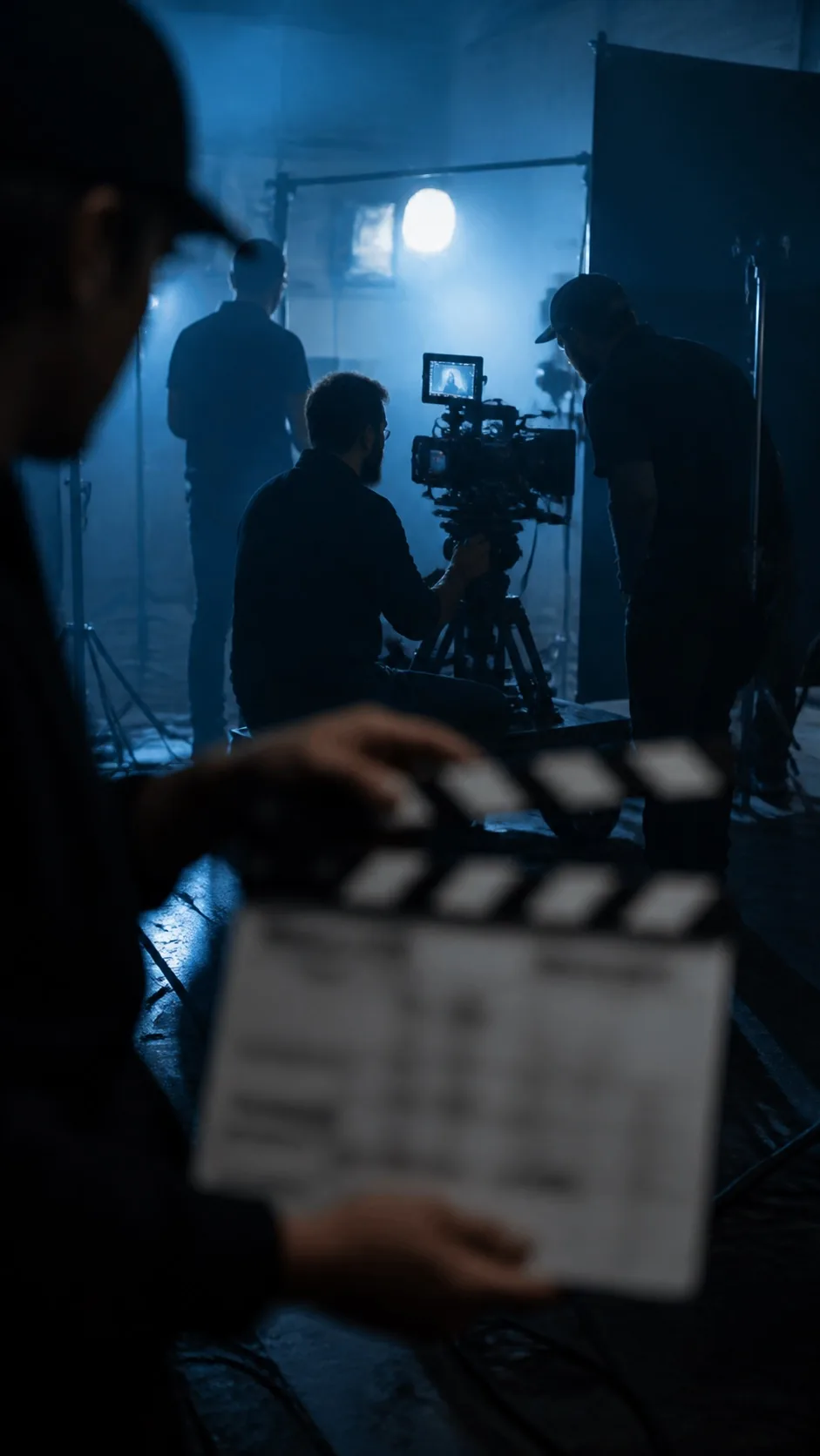 Backstage di un set cinematografico con ciak in primo piano