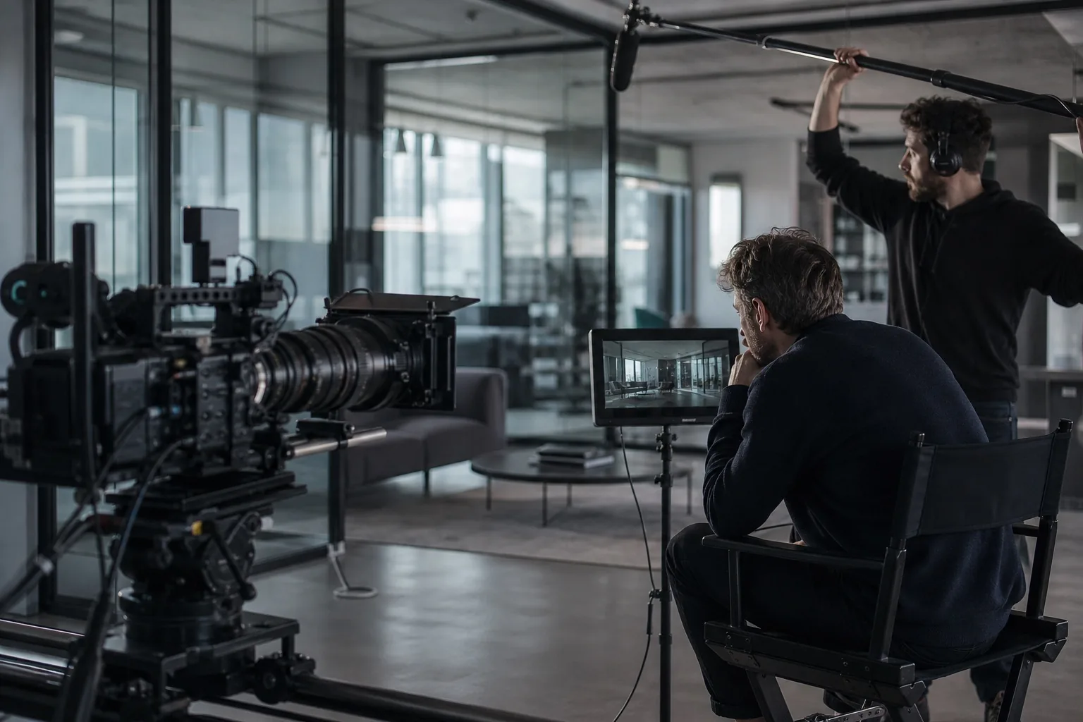 Set video con cinema camera su slider e regista al monitor